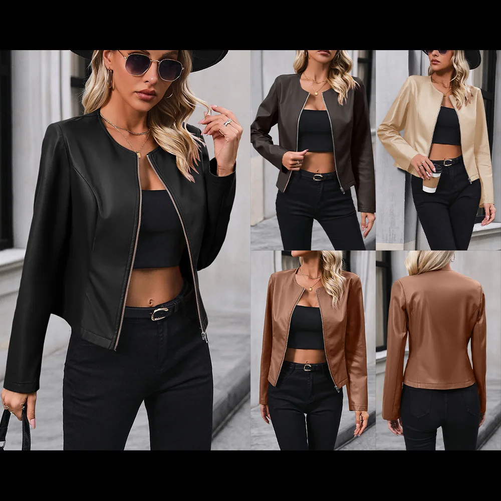 2025 Foreign Trade Casual Long-sleeved Solid Color Coat Top PU Locomotive Leather Jacket Women's European and American Jacket