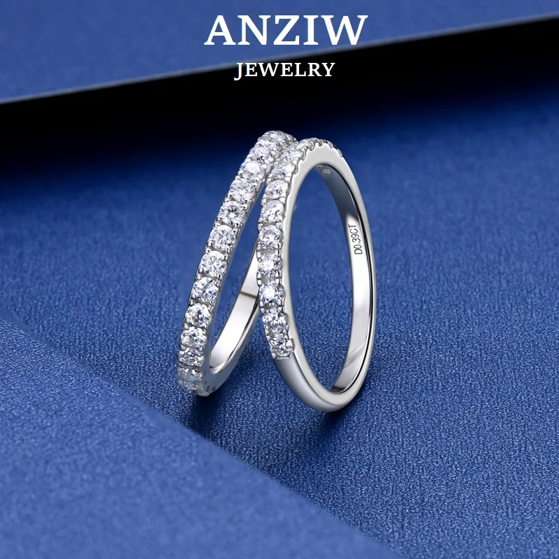 ANZIW Pierścionki z moissanitem, układane w stos, pół-obroża, błyszczące, 2 mm, srebro próby 925, pierścionek zaręczynowy, ślubny, dla kobiet, biżuteria na prezent, kolor D-E