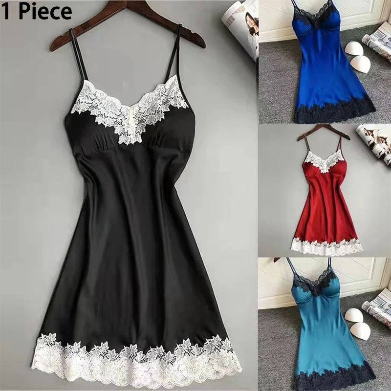 1 Piece Pajamas Halter Nightgown Thin Section with Bra Pads Lace Edge Silk Loungewear Multicolor Ice Silk Furniture Nightgowns