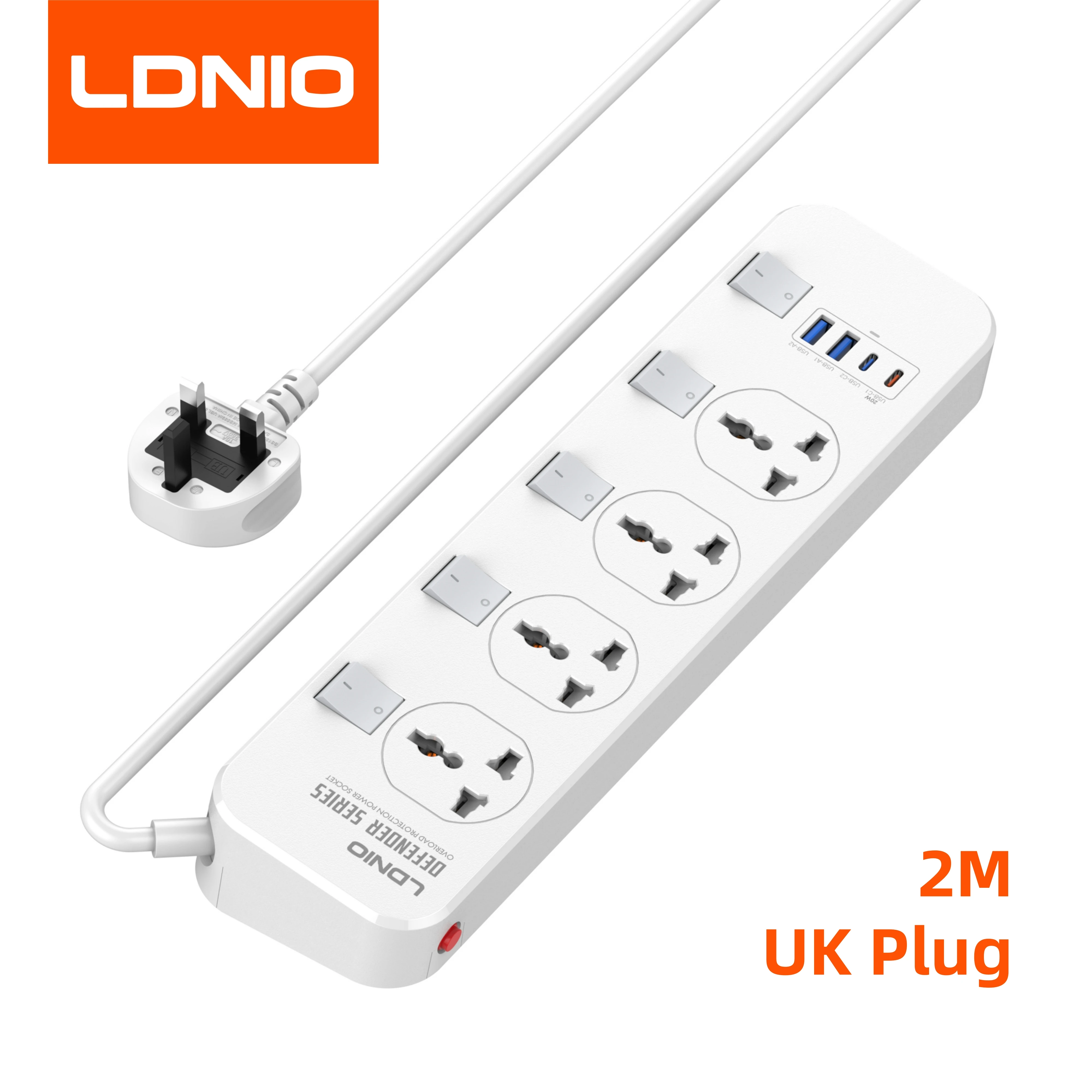 LDNIO Universele Outlet Stekkerdoos EU/UK/US Plug 2M Verlengkabel Elektrische 4 Schakelaar Socket Type C USB-poorten Oplader Adapter