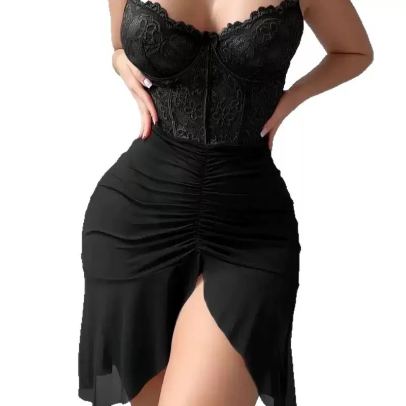 Sexy Perspective Slit Skirt Lace Mesh Nightgowns Women's Pajamas Dress Female Underwear Sexy Lingerie Night Dress Short Dress