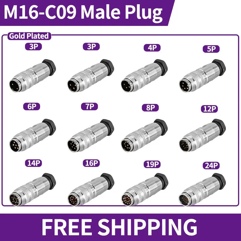 5/10/100 Pcs M16 Male Head Aviation Plug Socket Metal Shield Waterproof C09 / J09 TS / TRS Dedicated Sensor Connector 2-24P