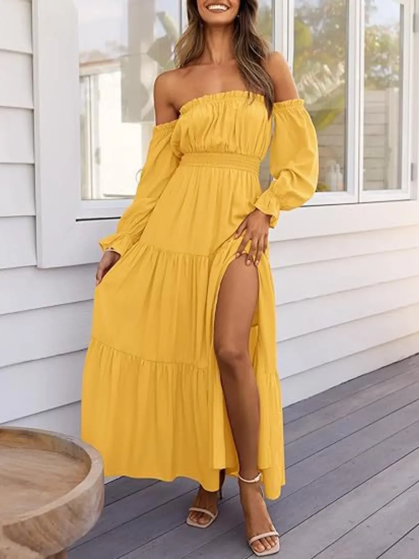 Bohemian Sexy Off-Shoulder Long Sleeve Maxi Dress, Boho Style Dress, Gathered High-Waist Side Slit, Flowy A-Line Layered Design, Chic, Perfect for Summer, Casual Boho Chic