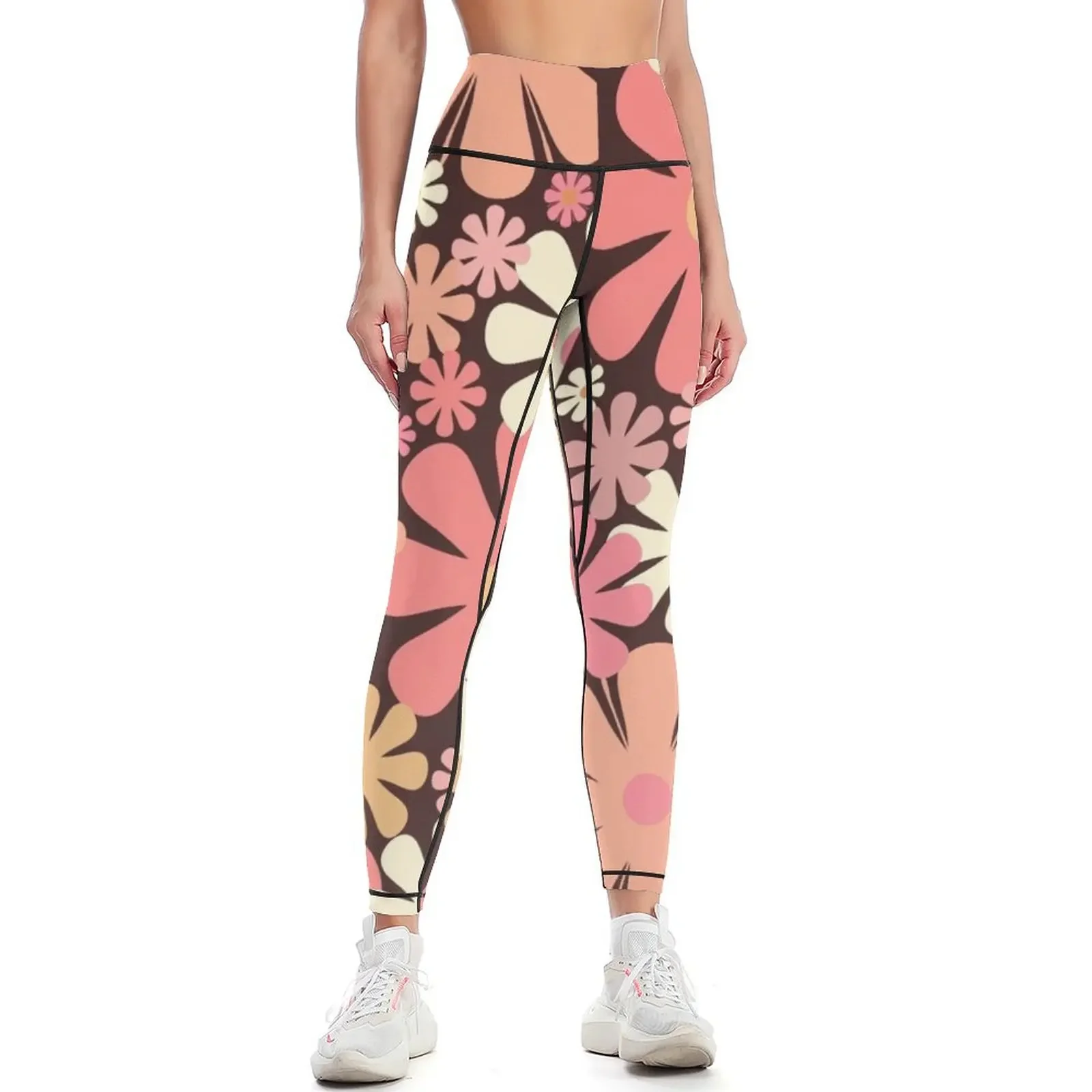 Vintage Aesthetic Retro Floral Pattern in Blush Pink and Brown 60s 70s Style Leggings legging gym Womens Leggings