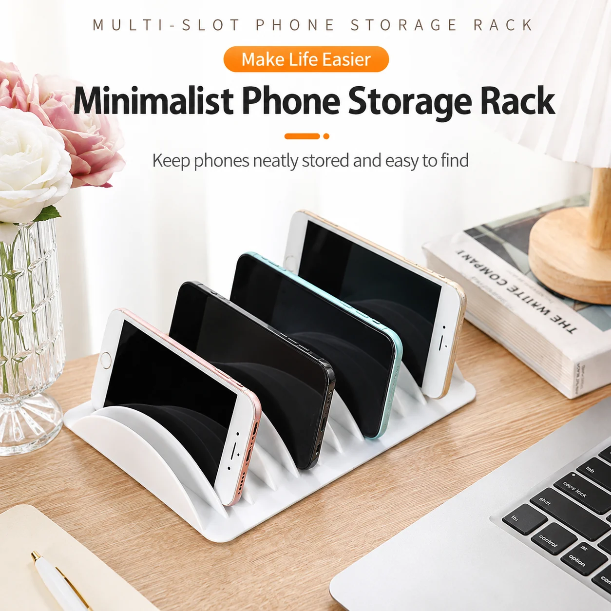 Multi-Slot Phone Storage Box HIPS Desktop Organizer Stand for Phones Tablets Cards Office Home Charging Station