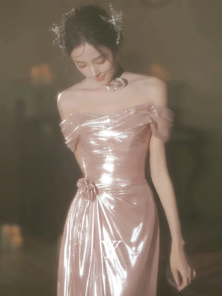 

Элегантное розовое вечернее платье с одним плечом, драпировкой и шлейфом, для свадебных торжеств и мероприятий, женское, модное, с вышивкой