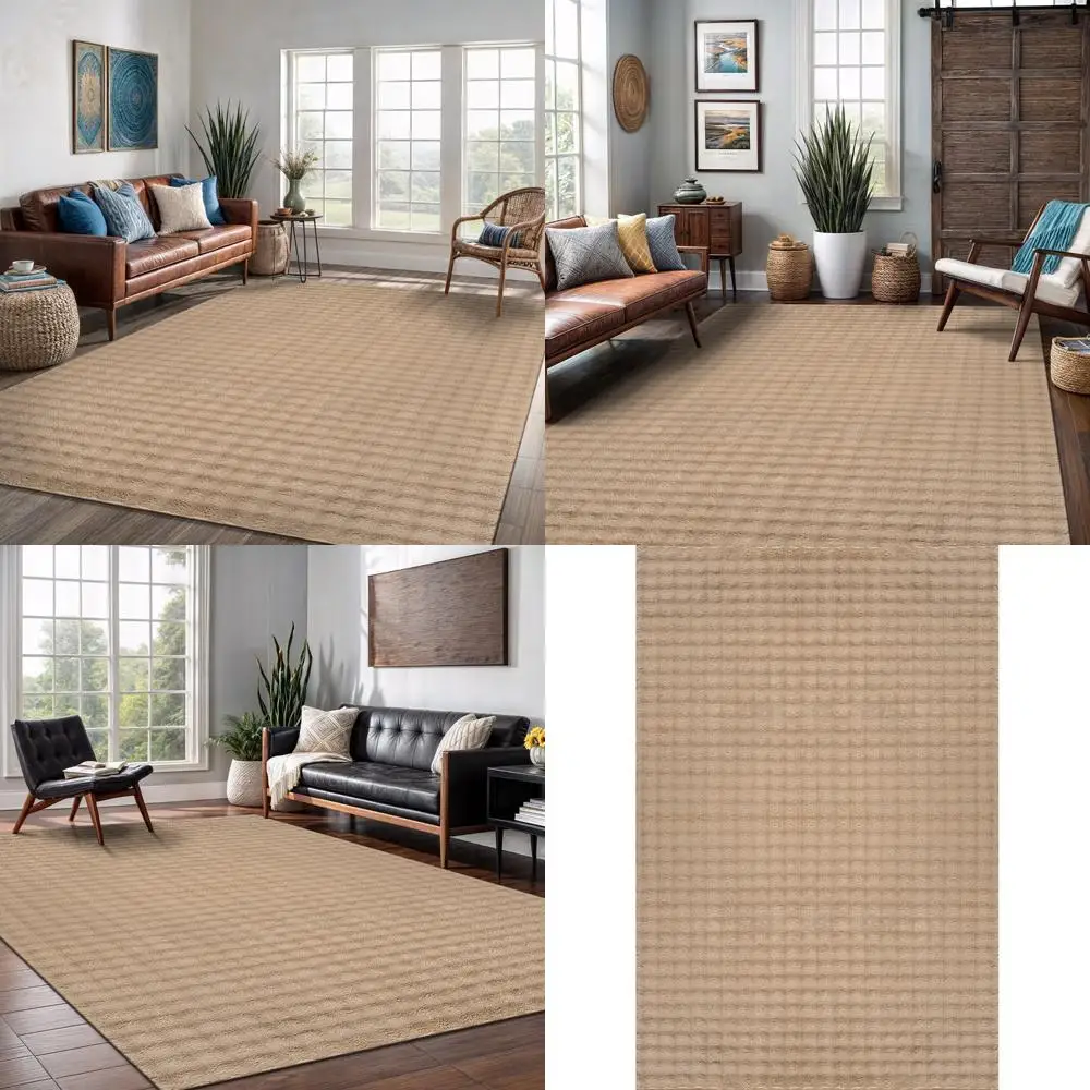 

Anti-Slip Indoor 8x10 Beige Area Rug with Polyester Plaid and Rubber Backing for Easy Maintenance in Living Spaces and Bedrooms