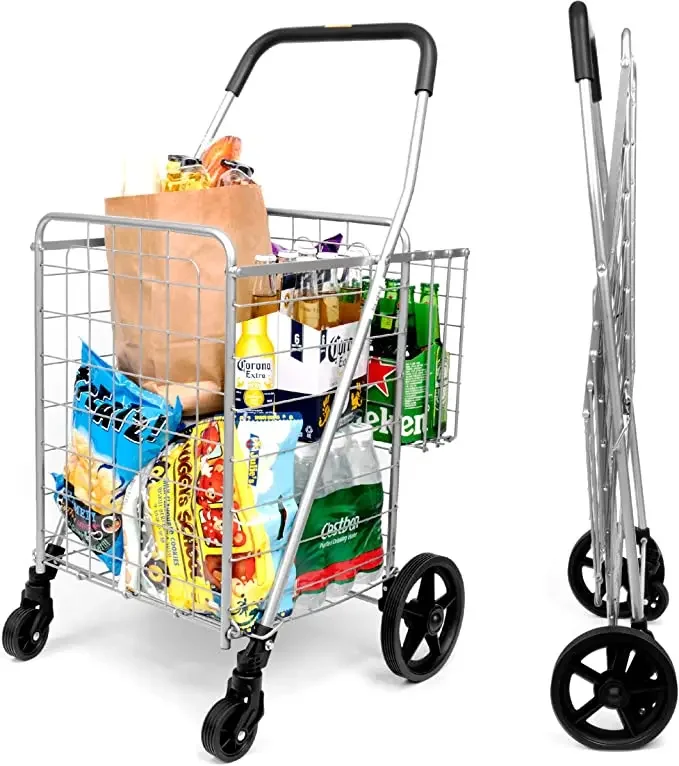 50 Pounds White 4 Wheels Utility Cart Large-sized Sturdy Steel Frame Folding Cart for Grocery Shopping Transporting Laundry