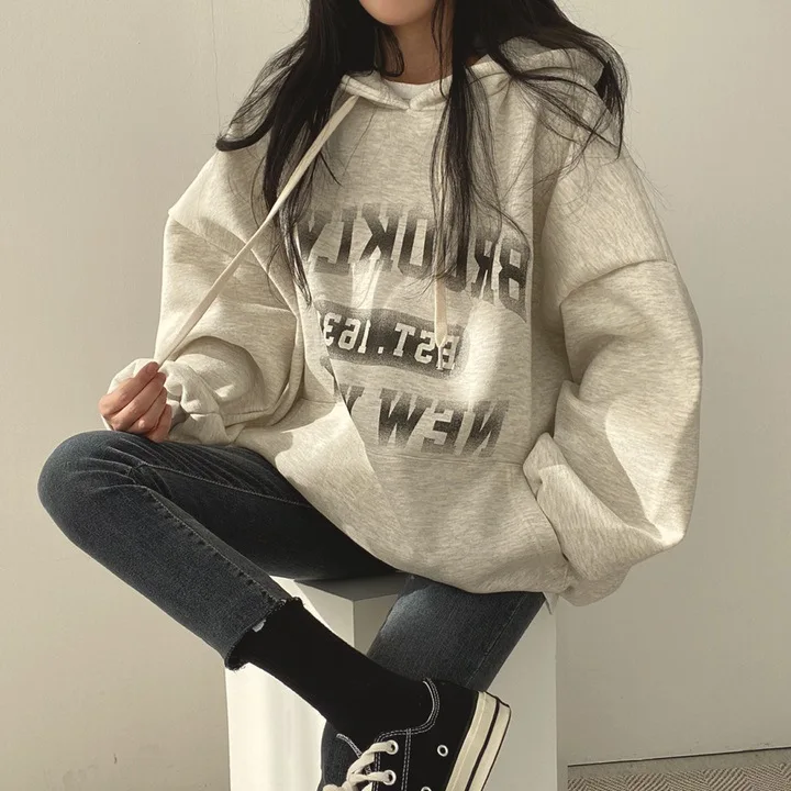 Hoodied Women\'s Winter Loose Letter Print Plush Thick Hooded Sweatshirt Korean Top Harajuku Sudaderas Para Mujer Winter Clothes