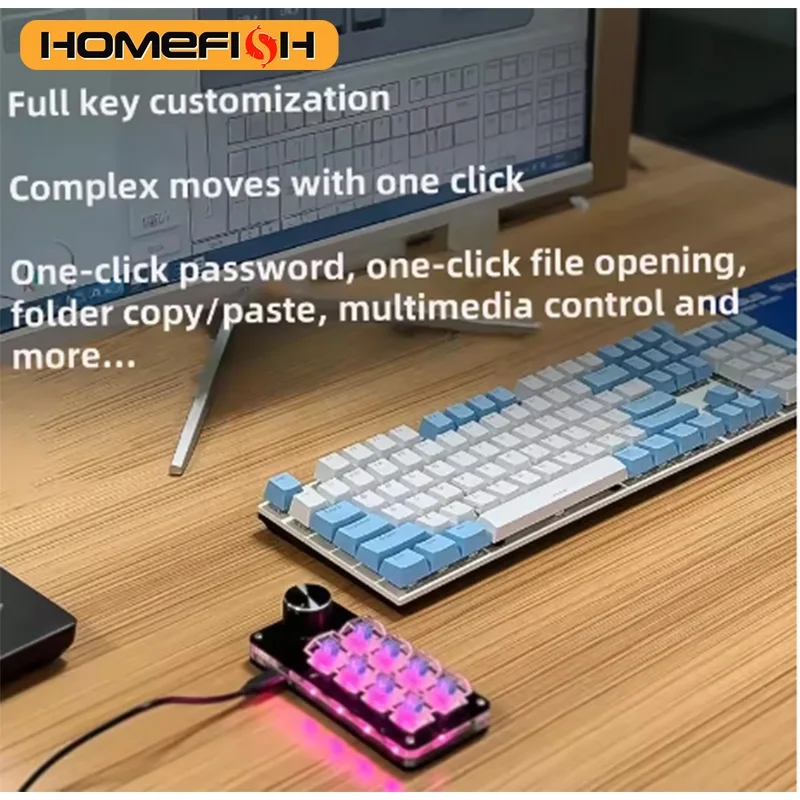 Tastiera HOMEFISH con Programmazione Macro Personalizzabile, 2 Dischi Rotanti, Cablata, RGB 12 Tasti, Mini Pulsanti Copia-Incolla, Tastierino da Gioco