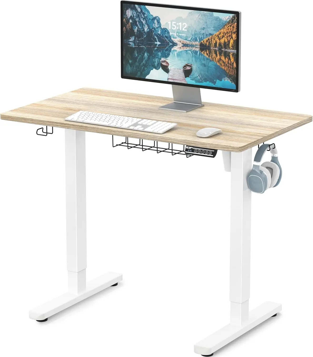 40 x 22 Inches Electric Height Adjustable Sit to Stand Desk, Maple | with Hanging Hooks and Cable Management, White Frame and Ma