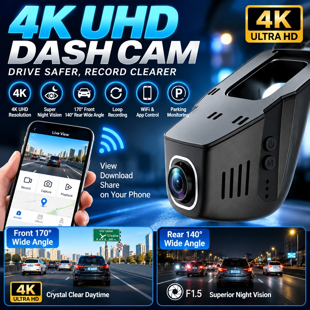 HD 4K 2160P Dash Cam CAR DVR WIFI Mobile APP Control Video Recorder Front Rear View Auto Night Vision 24H Parking Monitor