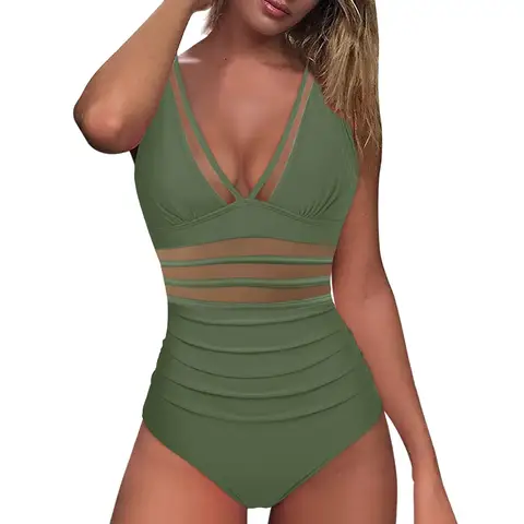 Mesh 1 Stuk Badpak Sexy Deep V Badmode Push-Up Gewatteerde Bikini Effen Ruches Vrouwen Monokini Strandkleding Braziliaans Badpak