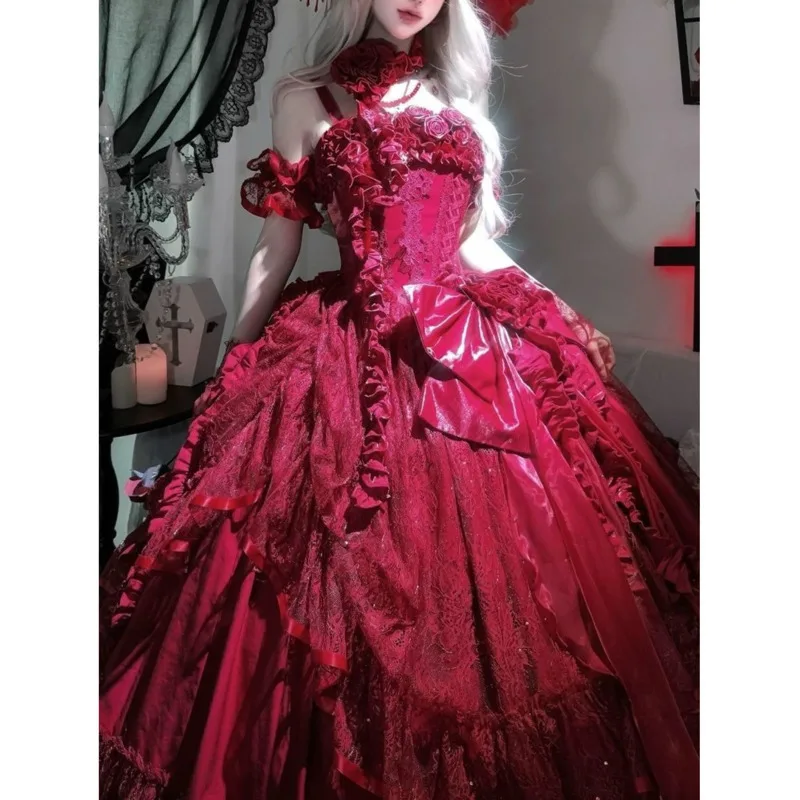 

Princess Dress Wedding Dresses Girl Silent Manor Lolita Bride Style Full Set Wine Red Fishbone Bride Dress