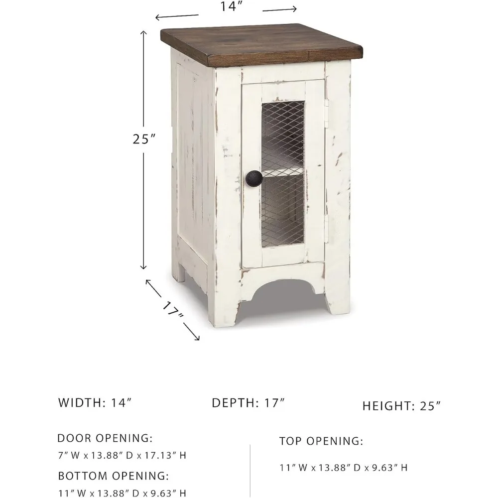 طاولة جانبية للكرسي على طراز المزرعة مع خزانة تخزين، لمسة نهائية باللونين الأبيض والبني