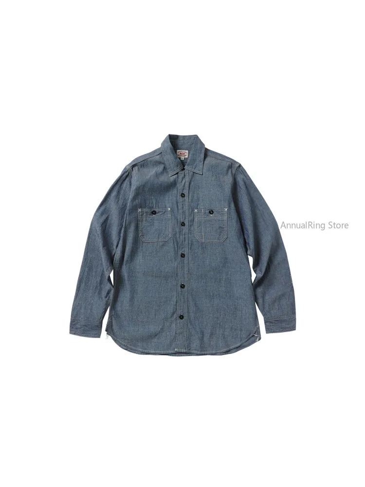 Red Selvage Chambray Pure Cotton Shirt Men Navy Style Amekaji Workwear Retro Spring Autumn Long Sleeve Coat