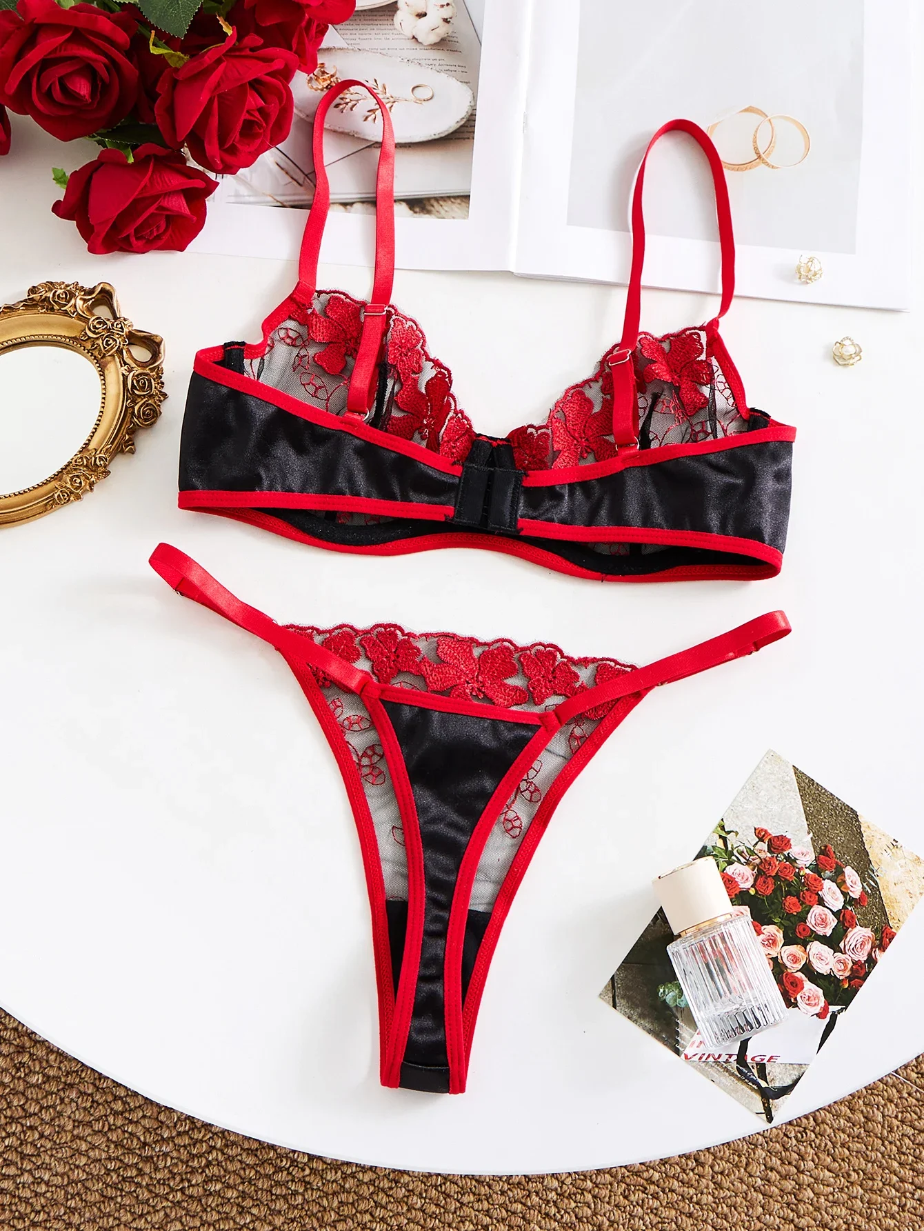 여성용 와인 레드 하트 모양 디자인 자수 반투명 편안한 통기성 속옷 세트, 적합