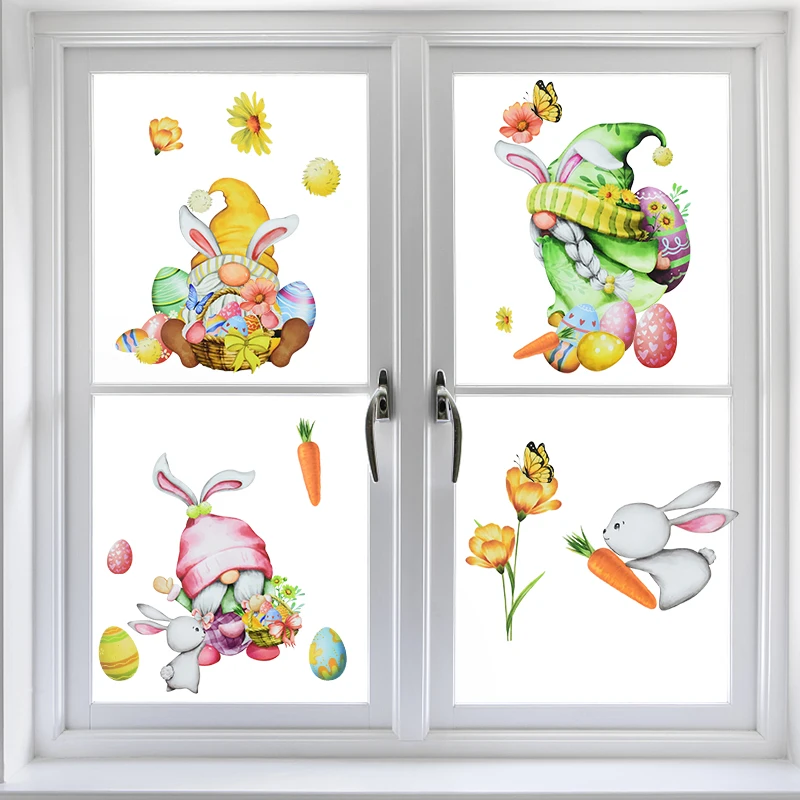 Easter Window Stickers Cartoon Rabbit Eggs Carrot Faceless Gnome Glass Sticker Happy Easter Party Home Wall Decals Decorations