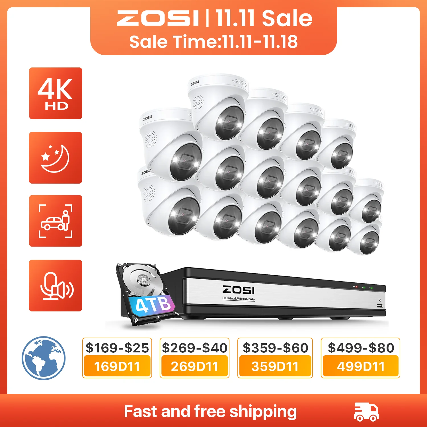 

ZOSI 4K 16CH Spotlight PoE Surveillance System H.265 8MP 5MP Smart Security Camera System 2-Way Audio AI Human Detection NVR Set