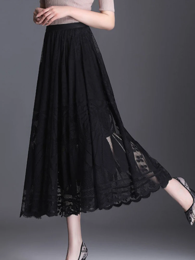 Lace Skirt Women\'s New A-word Long Skirt Big Swing Gauze Hollow Pleated Skirt