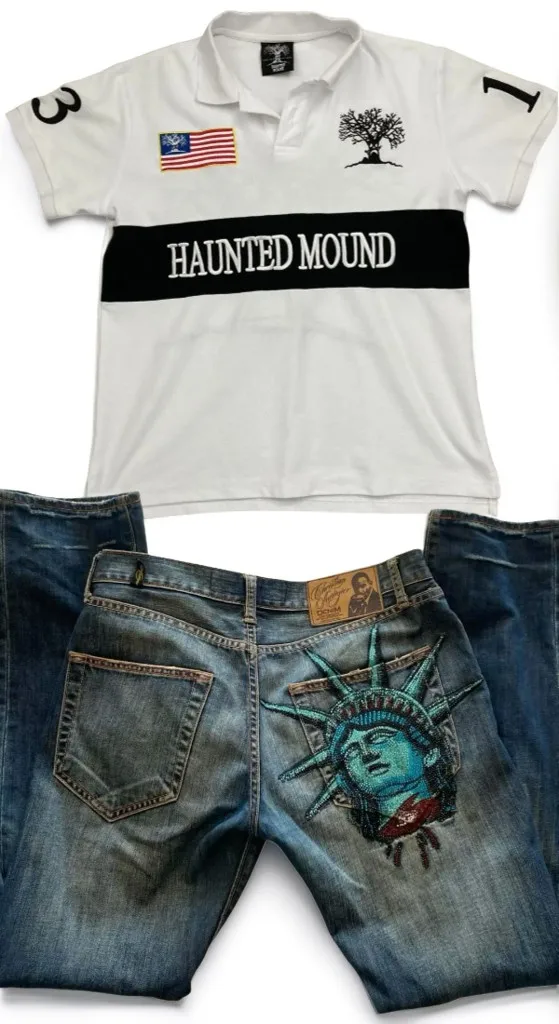 

Haunted Mound and Liberty Pants Set Rhinestone Y2k Jeans Polo Tracksuit T Shirt For Men Streetwear Harajuku Vintage Pants