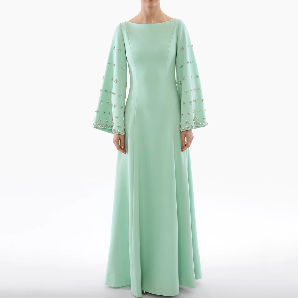 Flechazo Mint Green Evening Dress Scoop Neck Flare Long Sleeves A-Line Floor Length Beading and Crystal Customized Women Gowns