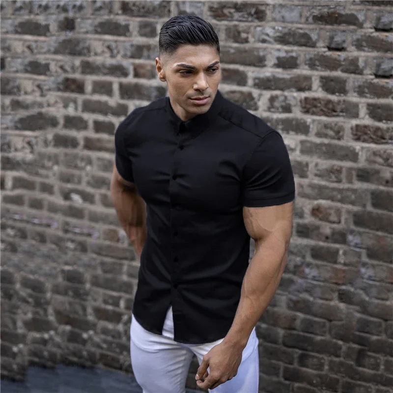 Men\'s Fitness Short-sleeved Lapel Shirts Stretch Thin Solid Color Bodybuilding Tops Casual Cardigan Business Iron-free T-Shirt