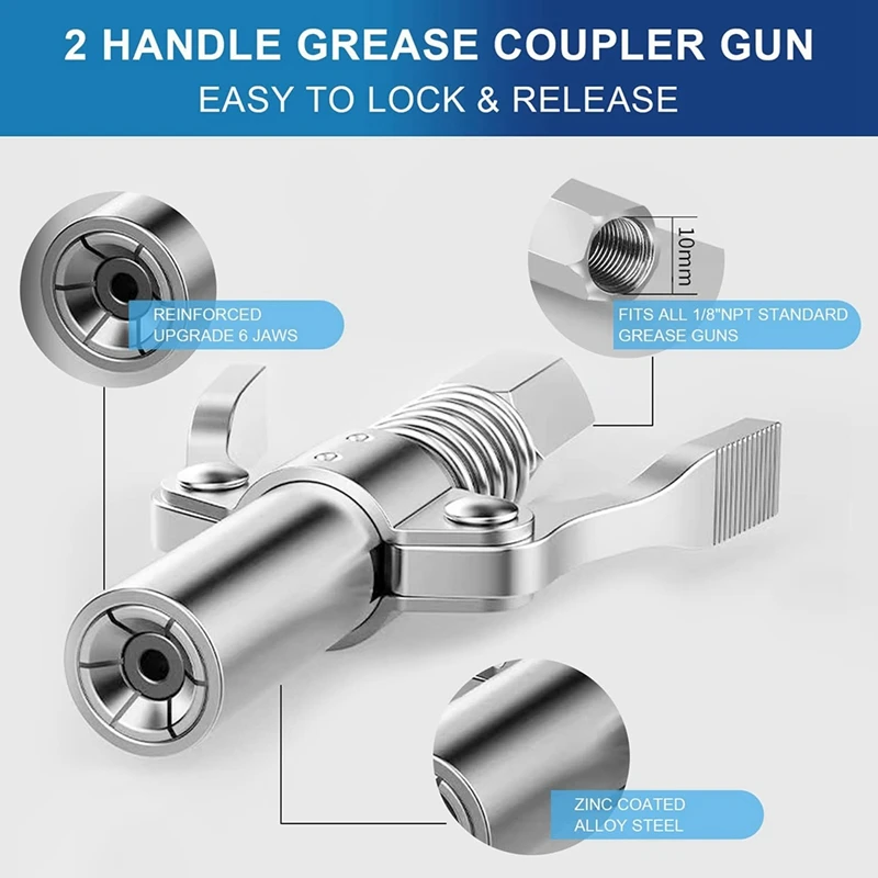 Dual Handle Gear Grease Nozzle, 10000 PSI Load Quick Lock & Release Grease Coupler With Spring Flexible Hose