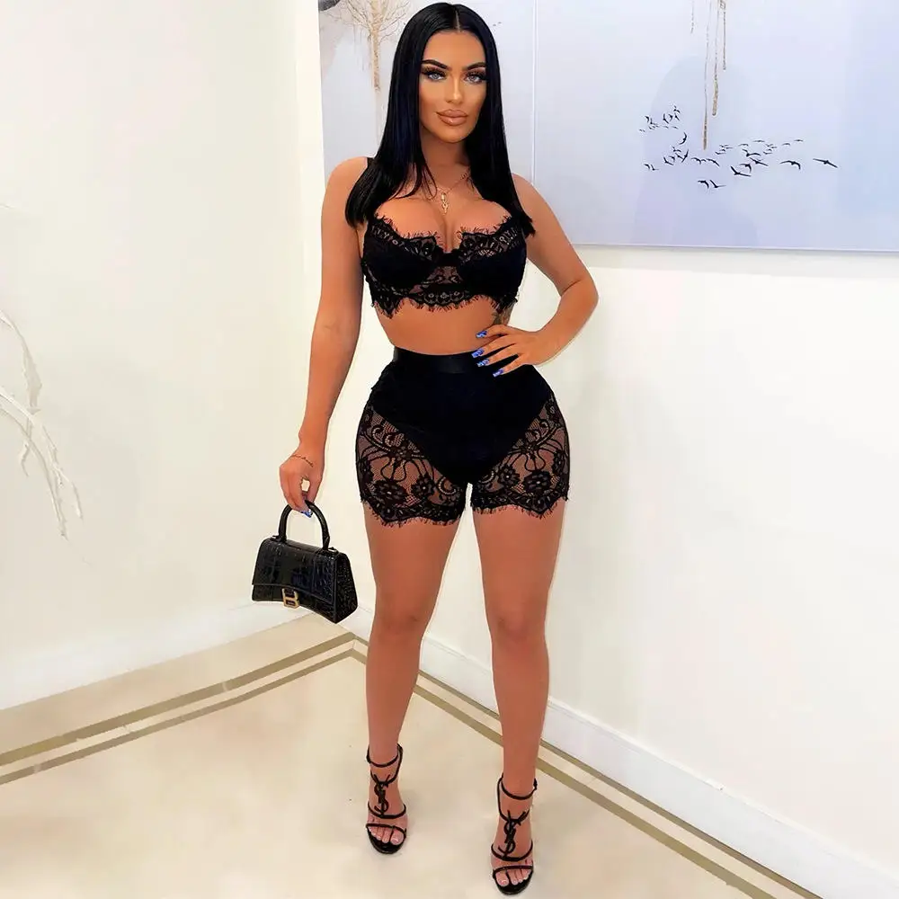 Sexy Lace Crop Top And orts Two-Piece Set Women's Summer Faion Outfit Independent Station Strap ort Svel Bodycon