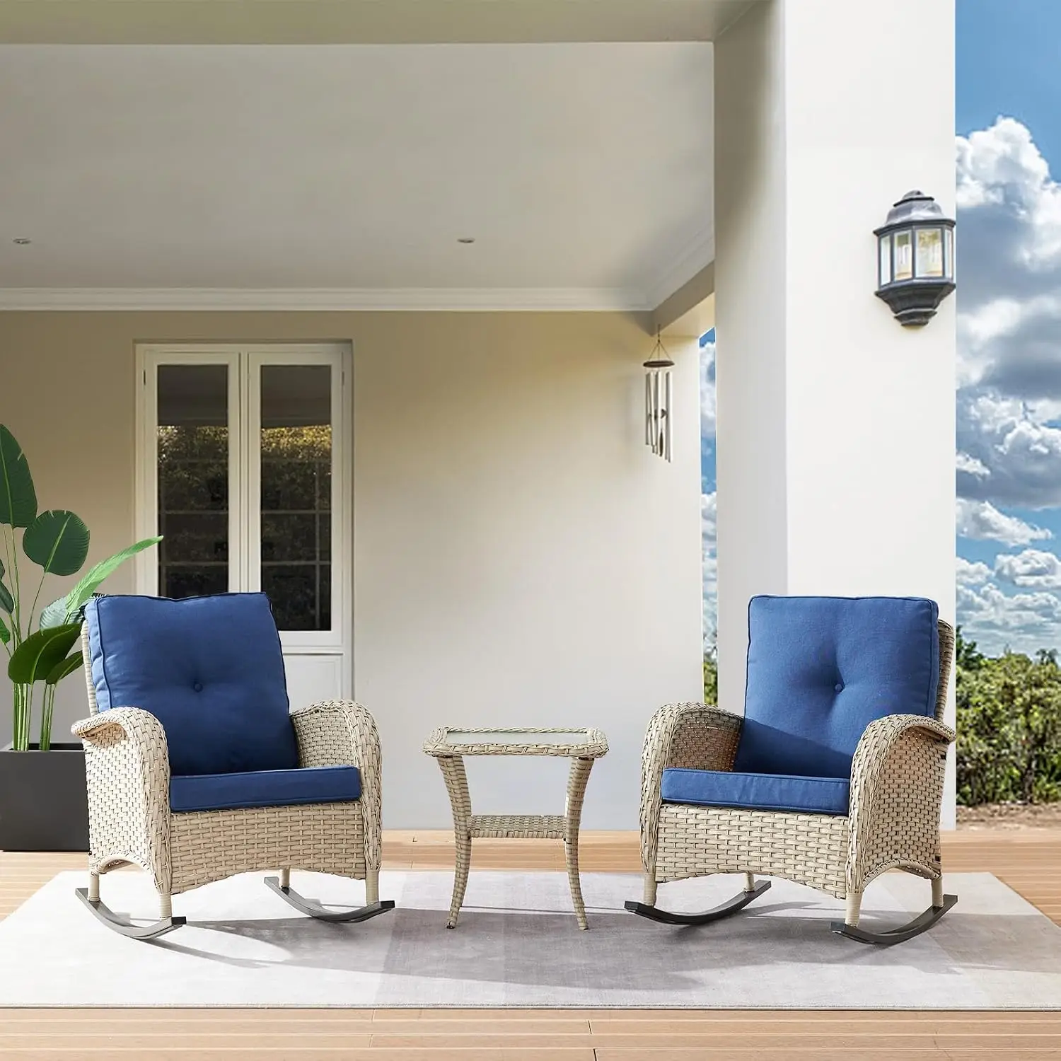 Wicker Rocking Chair Set 2pcs Outdoor Porch Garden Backyard Weather Rocker With Side Table, Customized