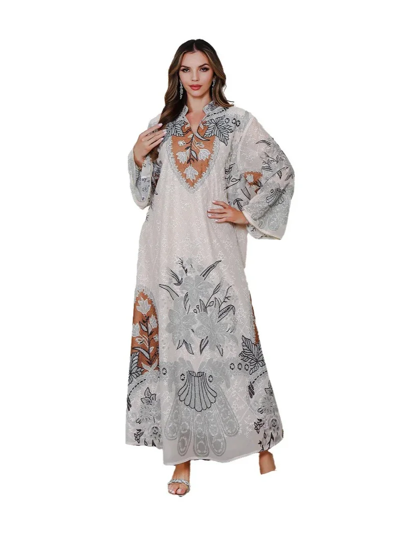 Femmes robe Abaya broderie impression dubaï fête longues robes Eid musulman Jalabiya Ramadan marocain caftan robes Largos arabe