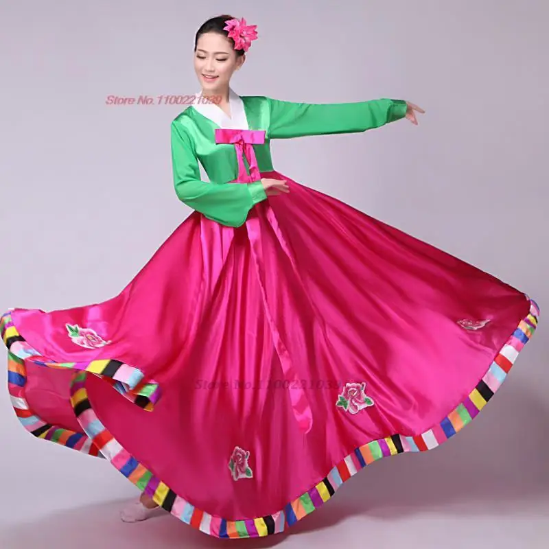 2024 national dance wear classic korean female elegant folk costume vintage stage performance dress flower embroidery hanbok