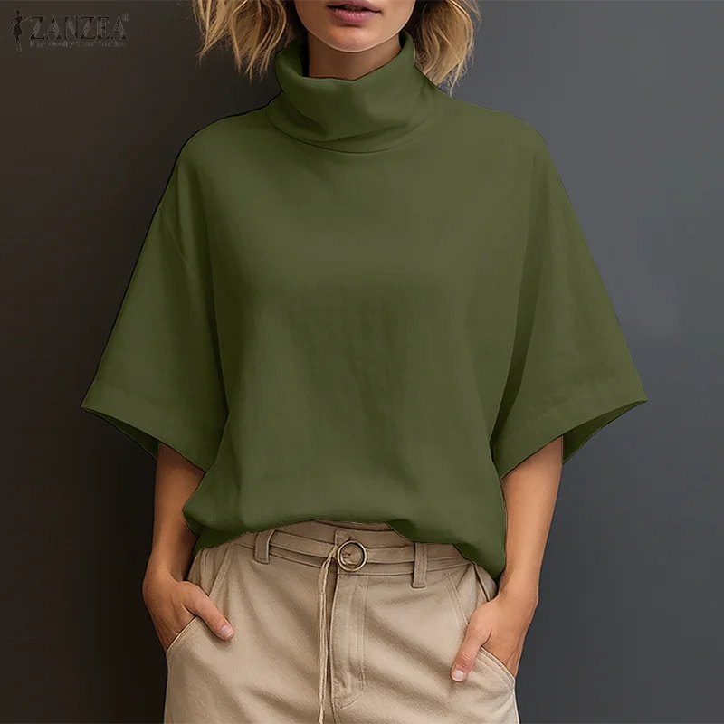 

Женская блузка ZANZEA, тренд 2026 года, летняя офисная рубашка с воротником-стойкой, рукавом до локтя, элегантная однотонная туника для работы, топы для женщин