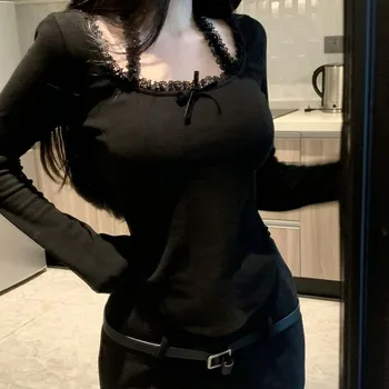 Camiseta de renda para mulheres primavera magro colheita topo coreano halter manga longa t y2k sólido senhoras tshirts femme arco doce roupas novo