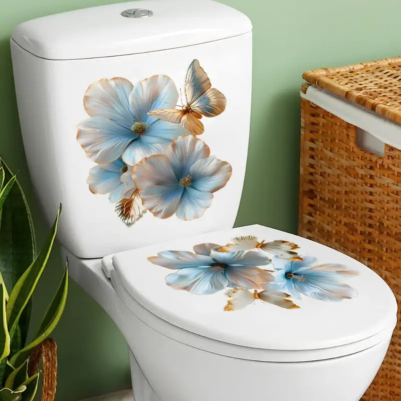 Blue And Gold Floral Butterfly Toilet: Sticker Bathroom Floor Decal Waterproof Anti-Slip Removable