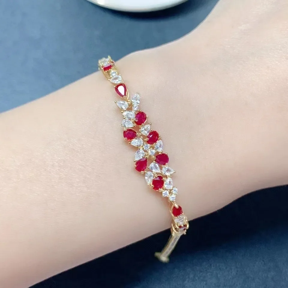 Elegant Gemstone Silver Bracelet 10 Pcs 3*4mm Total 1.5ct Natural Red Ruby Bracelet Solid 925 Silver Ruby Bracelet for Girl