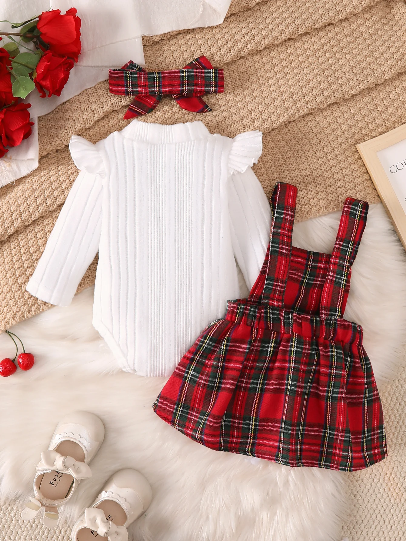 Baby Girl Christmas Red Plaid Suspender Dress Three-Piece Set Infant Ribbed Flutter Sleeve Long-Sleeve Romper with Plaid Headband Sweet Newborn Birthday Outfit Autumn and Winter Holiday Photo Shoot Stylish Outfit Set