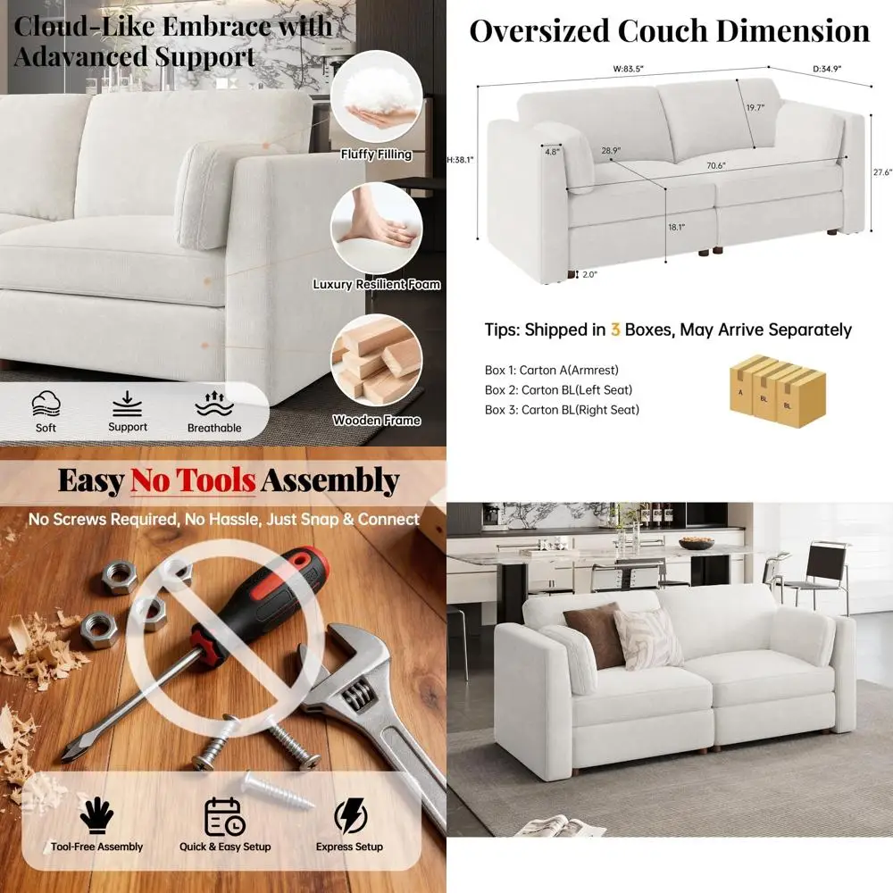 

Oversized Deep Seat Chenille Cloud Sofa, Sectional Living Room Couch, Beige, Removable Cover, Easy Assembly