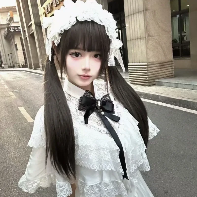 Verão japonês doce branco vestidos de renda 2025 novo duplo em camadas arco vestido para mulheres cintura fina manga curta vestidos mujer