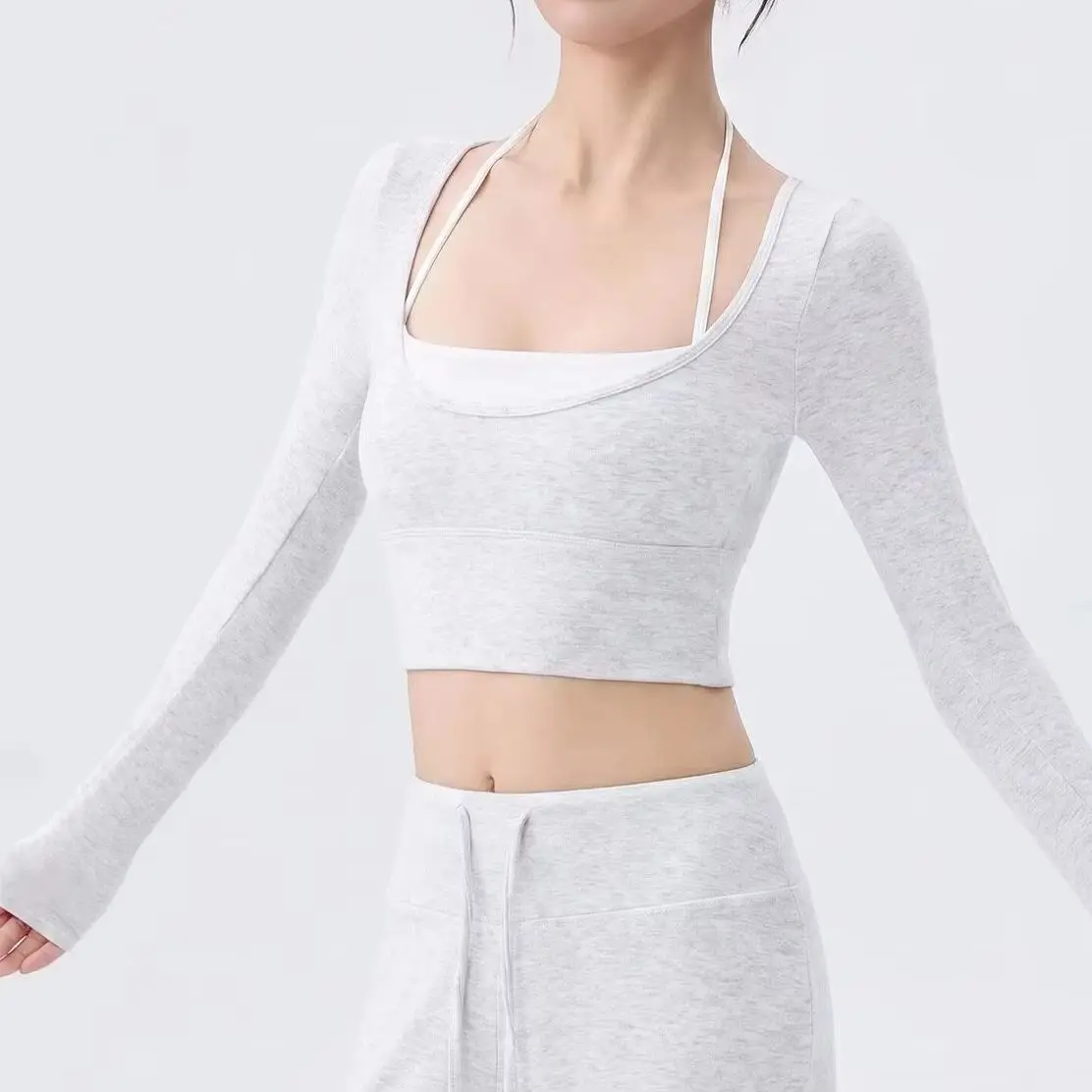 Women Rayon Color Block Yoga Long Sleeve Top With Built In Padded Bra Cropped Halter Workout Shirt For Pilates Fitness Training