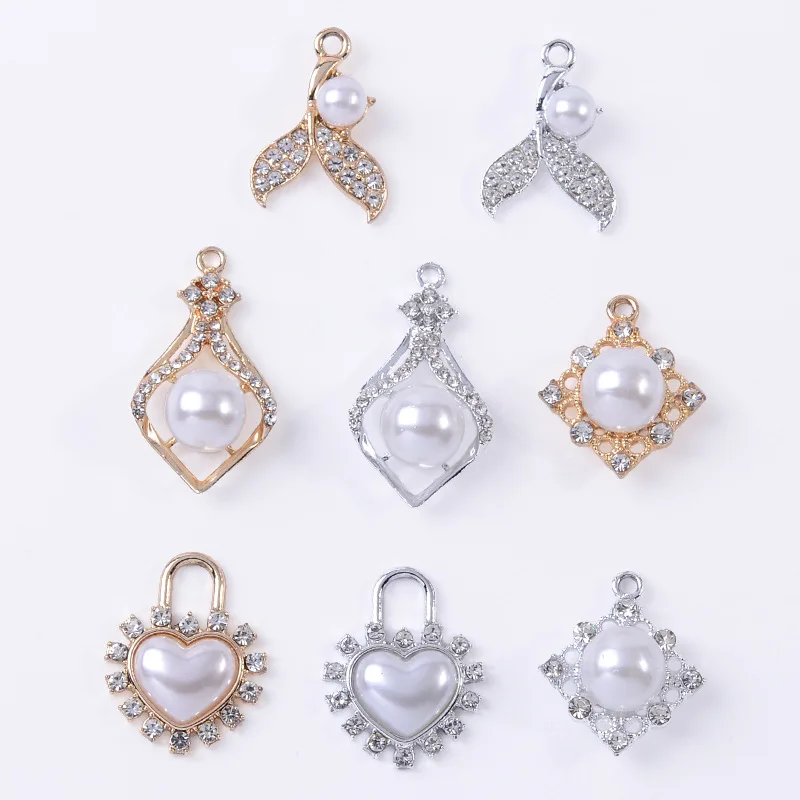 10 Pcs/Lot New Style Personalized Light Luxury Pearl Mermaid Tail Love Lock Diamond Water Drops Alloy Accessories Pendant Spot