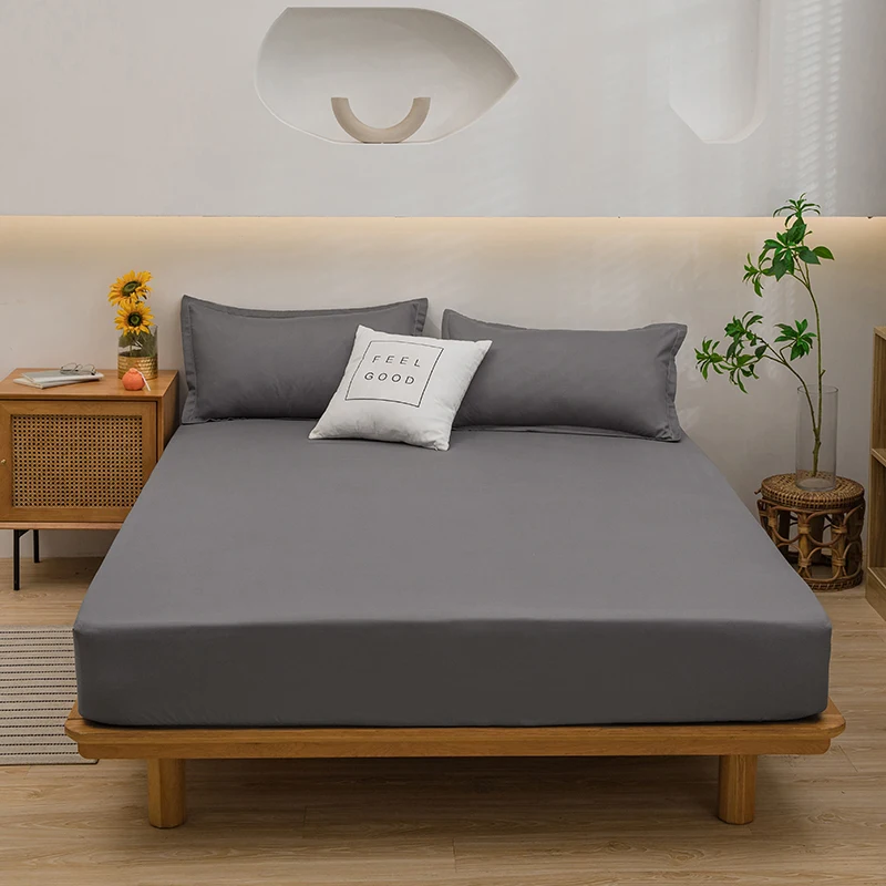 1pc Solid Color Washed Cotton Fitted Sheet For Double Bed  Elastic Band Wrap Around Bed Sheets 200X220cm 매트리스커버 (No Pillowcase)