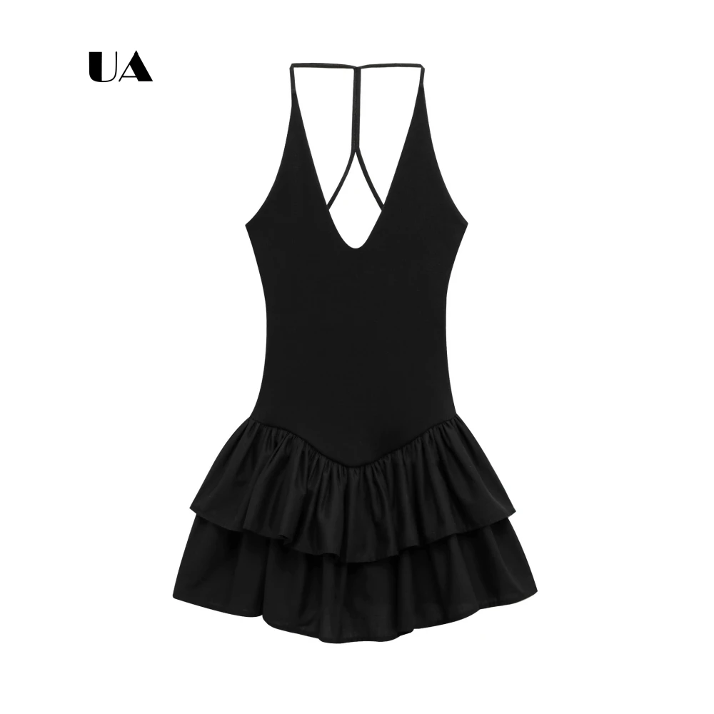 Vestido Mini Halterneck ULBYANRY com Caimento Evasê e Bainha em Camadas com Babados, Vestido de Noite Sólido Sem Mangas para Mulheres, Elegante Vestido de Festa