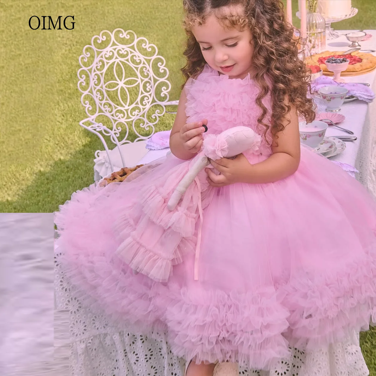 

OIMG Pink A-line Flower Girl Dresses O Neck Mesh Wedding Party Gown Floor Length Birthday Dress vestidos de niñas Customized