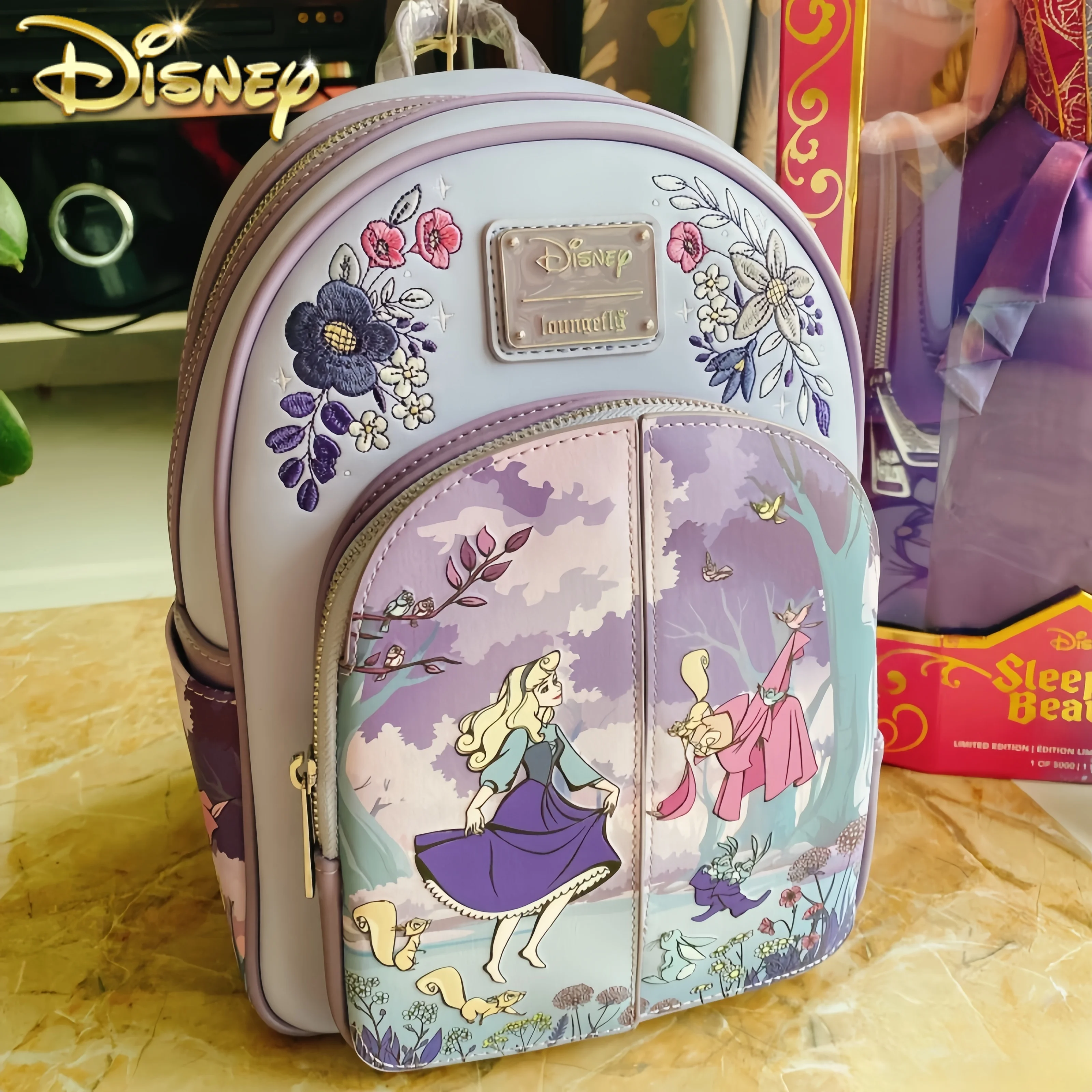 

Hot Disney Sleeping Beauty 65th Anniversary Floral Scene Double Strap Shoulder Bag Student Backpack Backpack Gift