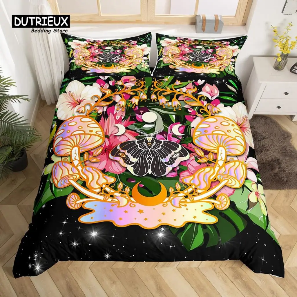 Moth Duvet Cover Queen Bohemian Botanical Mushroom Bedding Set Starry Sky Comforter Cover Boho Rural Pastoral Style Quilt Cover