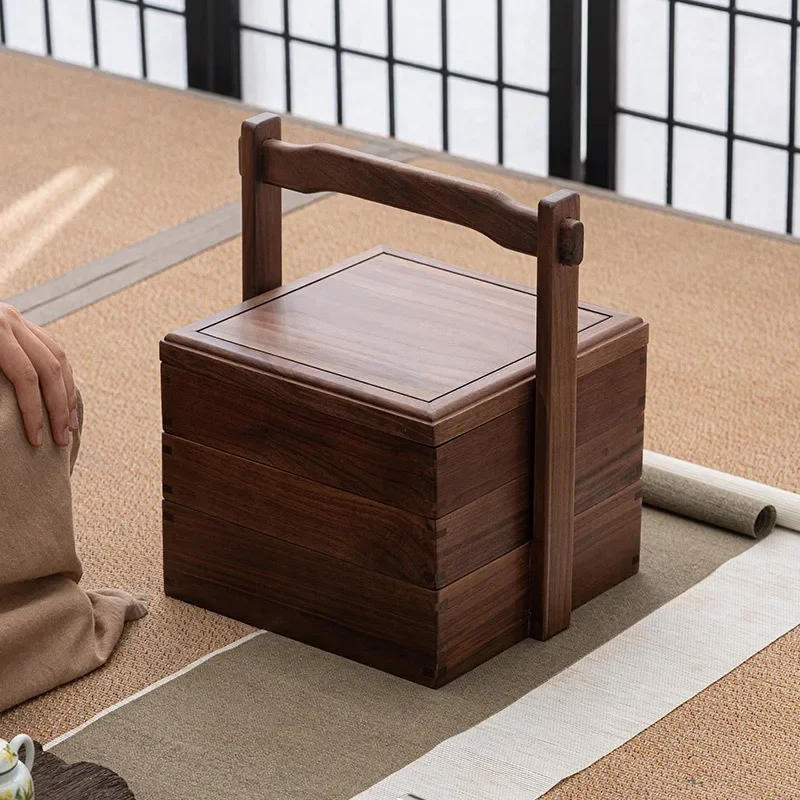 Extremely plain black walnut carrying box Portable tea Multi-layer food Storage Chinese solid wood portable Tea