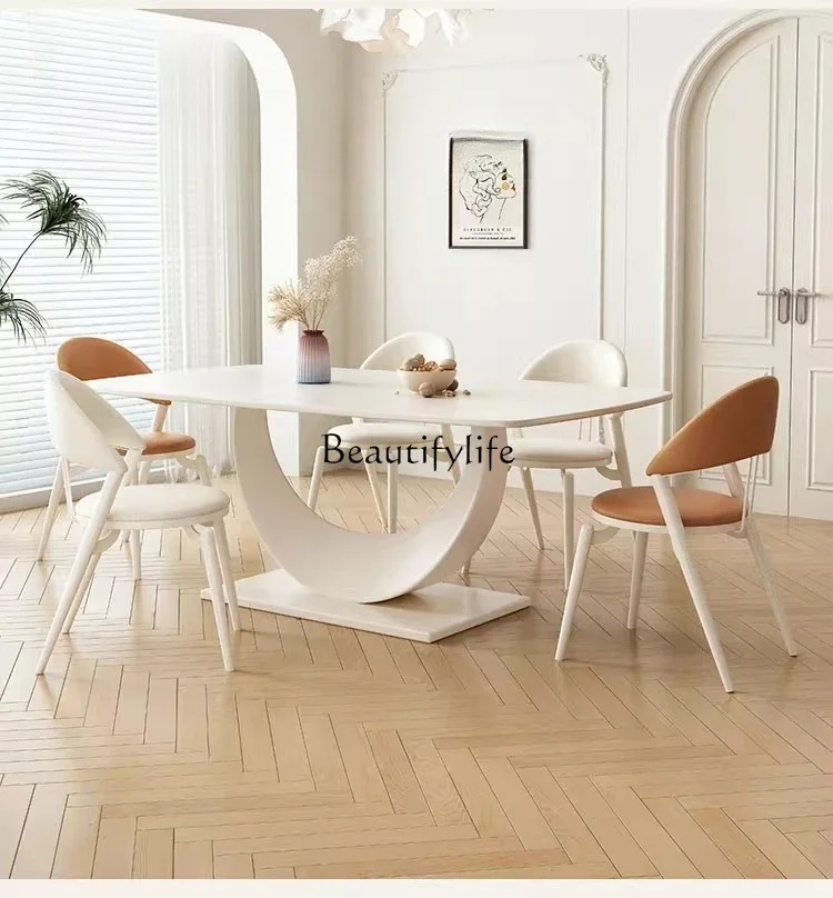 

LXCream wind rock board dining table and chairs high-end modern simple light luxury rectangular dining tableSSS