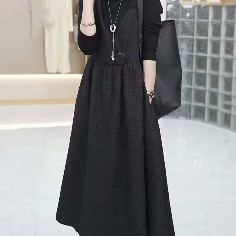 High-end jacquard falso vestido de duas peças outono novo botão de manga comprida temperamento saia de emenda fina