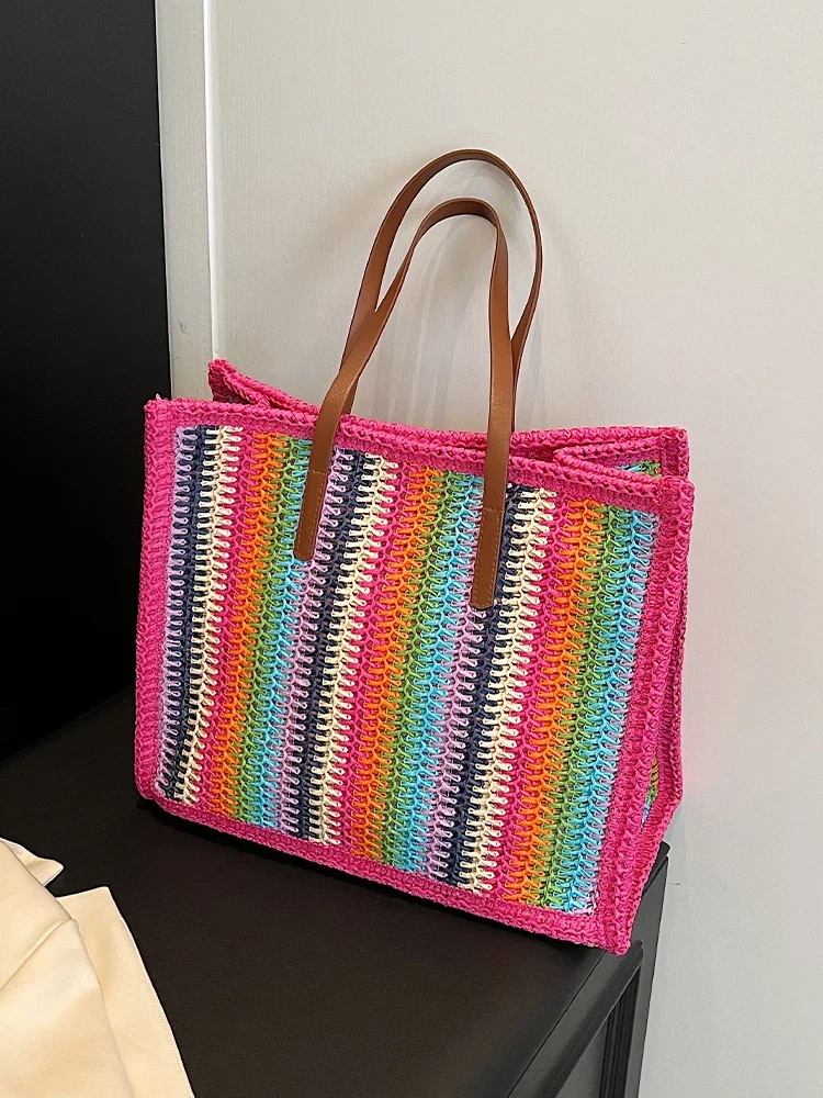 Stylish Rainbow Woven Canvas Tote Bag for Ladies